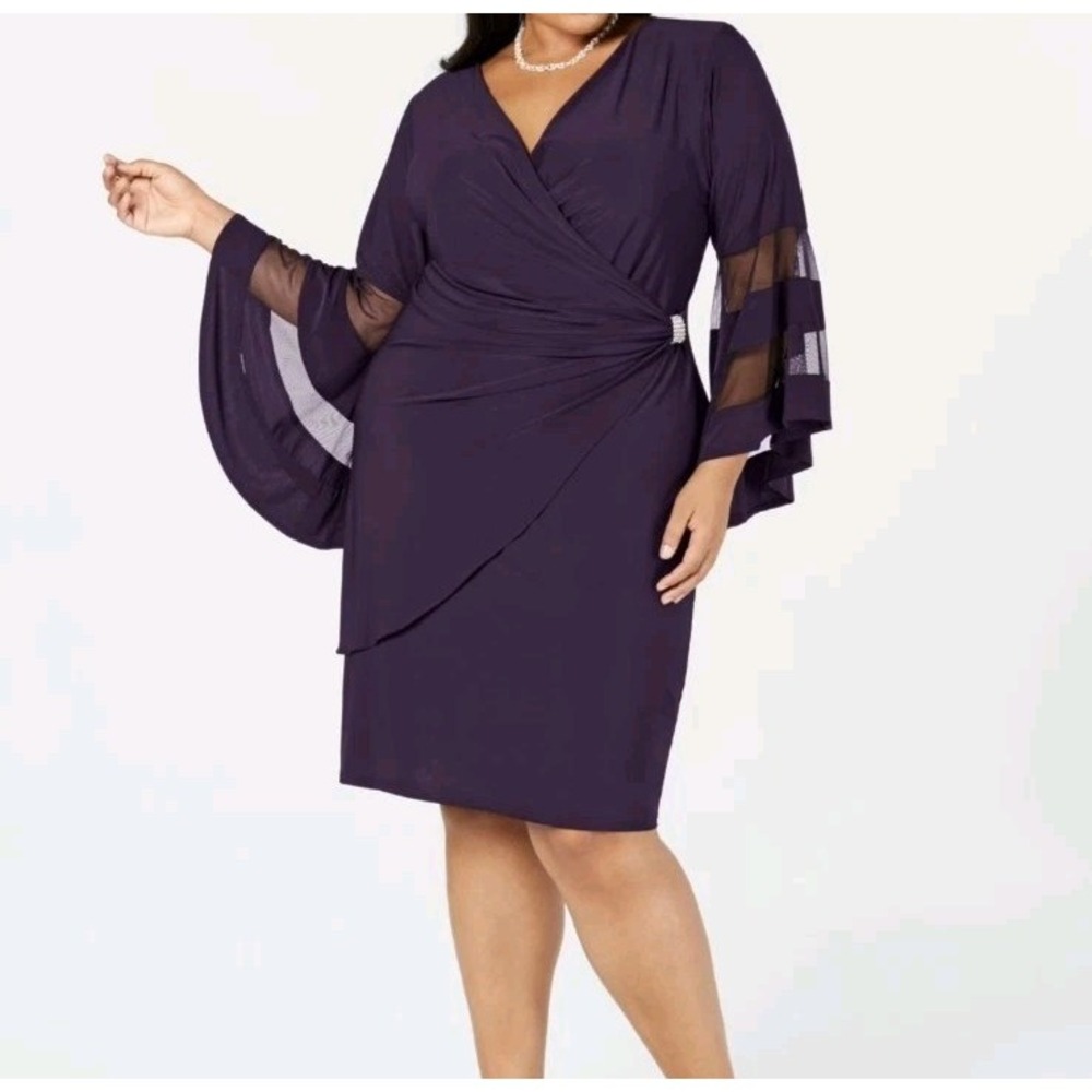 R&M Richards 18W Plum Purple Surplice Ruched Bell Sleeve Dress Cocktail Wedding